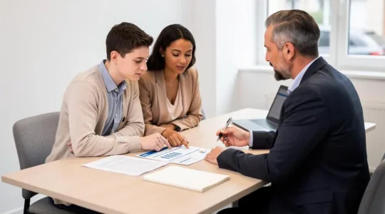 Jeune couple consultant un conseiller bancaire lors d'un rendez-vous pour un projet de prêt immobilier dans une agence française