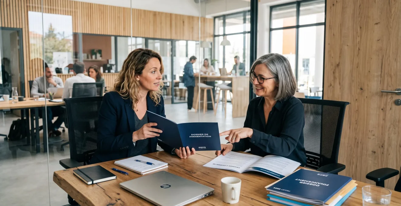 Une dirigeante présente son dossier de financement à un conseiller dans un espace de coworking.
