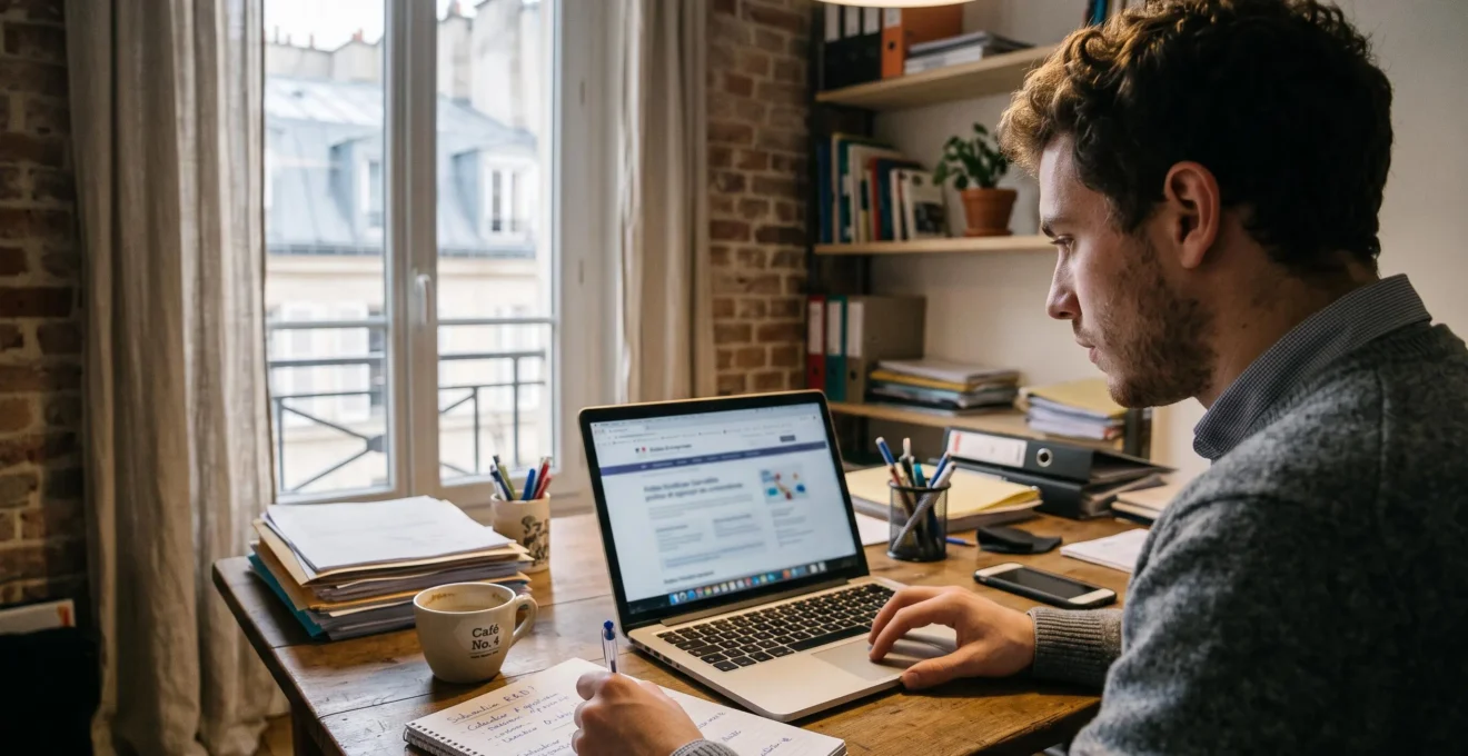 Un entrepreneur recherche des dispositifs d'aides publiques sur son ordinateur portable.