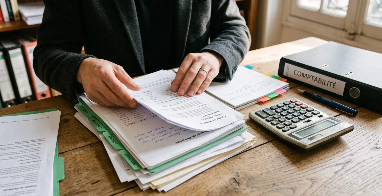 Des mains classent des documents et un classeur pour préparer un dossier de demande d'aide.